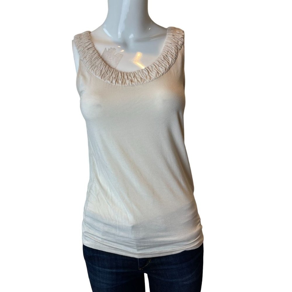 DKNY Womens Ruffle Trim Neck Sheer Tank Top Sleeveless Ivory Size X Small